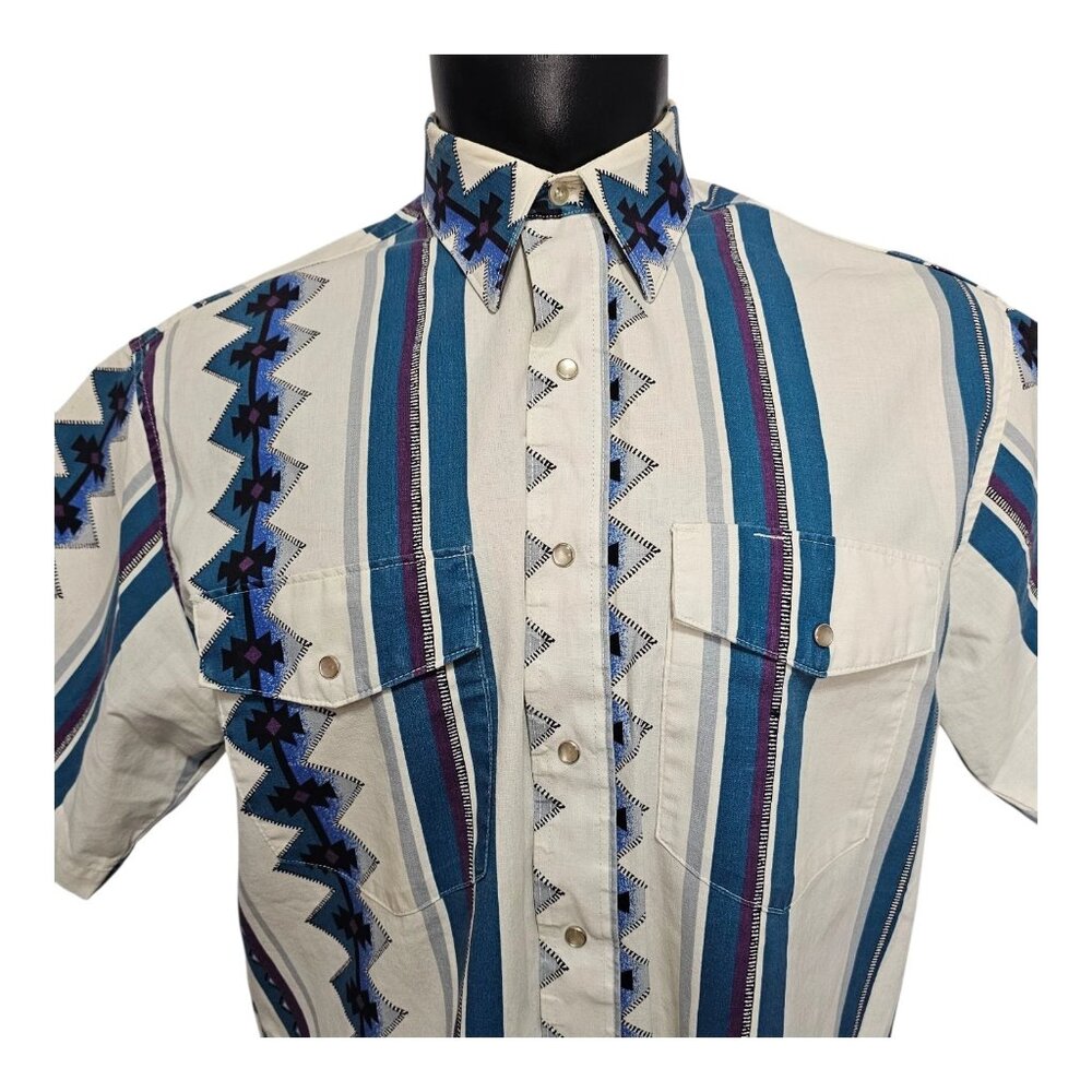 Wrangler Western Pearl Snap Cowboy Short Sleeve Shirt Aztec Large 16.5 VTG - Picture 3 of 10